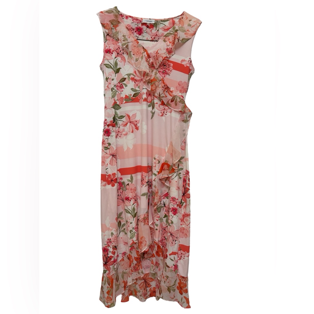 Calvin Klein Dreamy Asymmetrical Midi Hi Low Floral Dress Size S